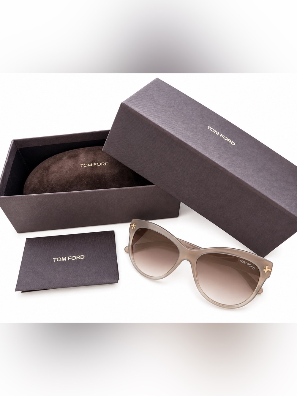 Tom Ford Lily Cat-Eye Sunglasses Smoky Taupe Gradient Lenses with Case & Box